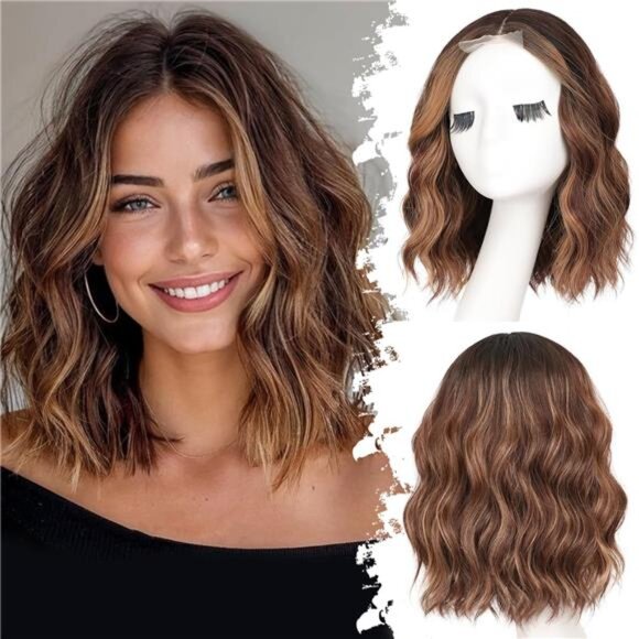 Chestnut Highlight Short Wavy Wig for Women Lace Hairline Bob